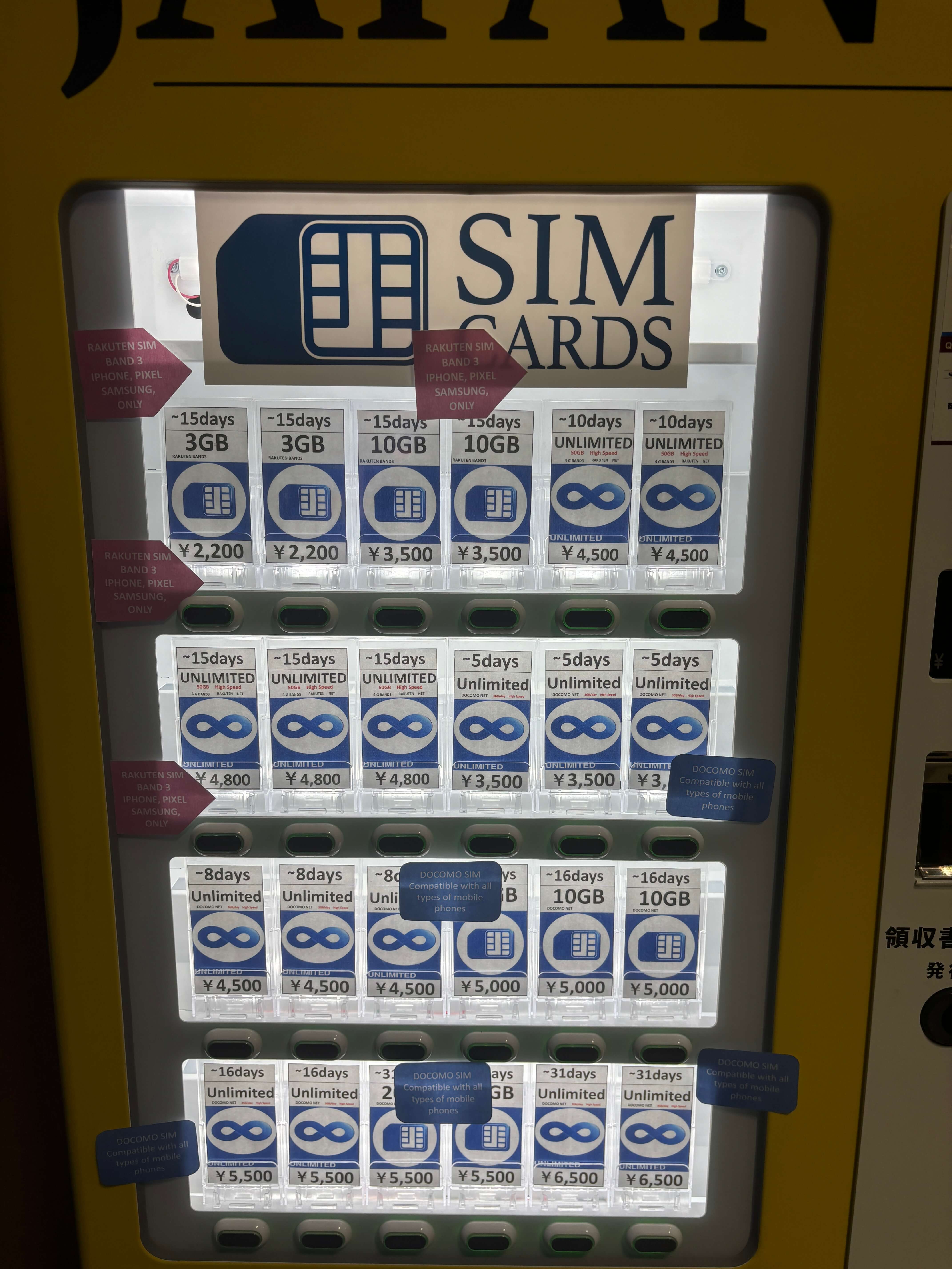 Vending machines selling SIM Cards